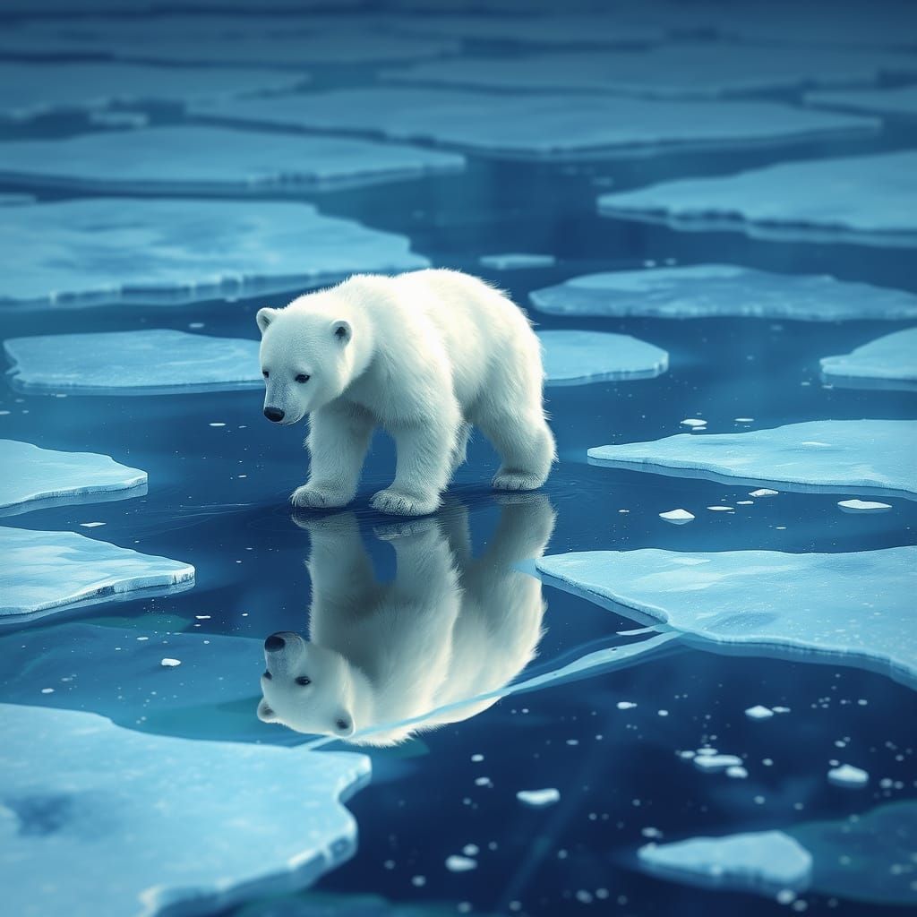 Adorable Polar Bear Cub on Ice, Watercolor Style