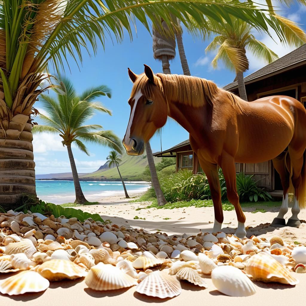 Majestic Horse on Hawaiian Beach with Seashells