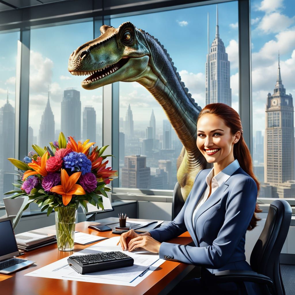 Smiling Diplodocus Delivers Flowers to Secretary