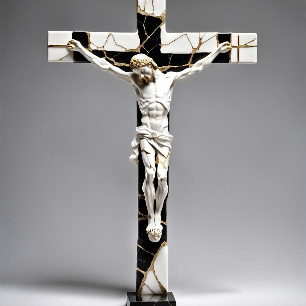 Kintsugi Porcelain Crucifix Sculpture with Gold Repair