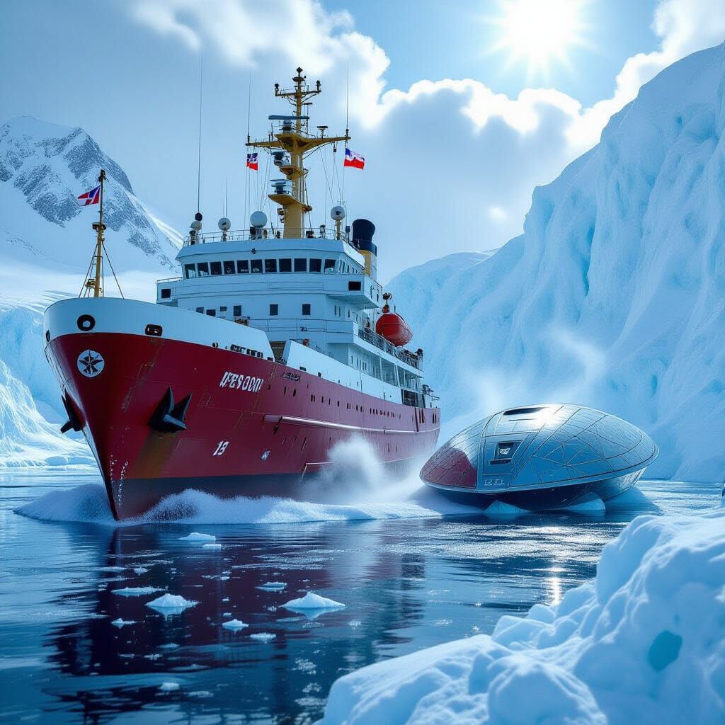 Icebreaker Ship Approaches Alien Craft in Antarctica