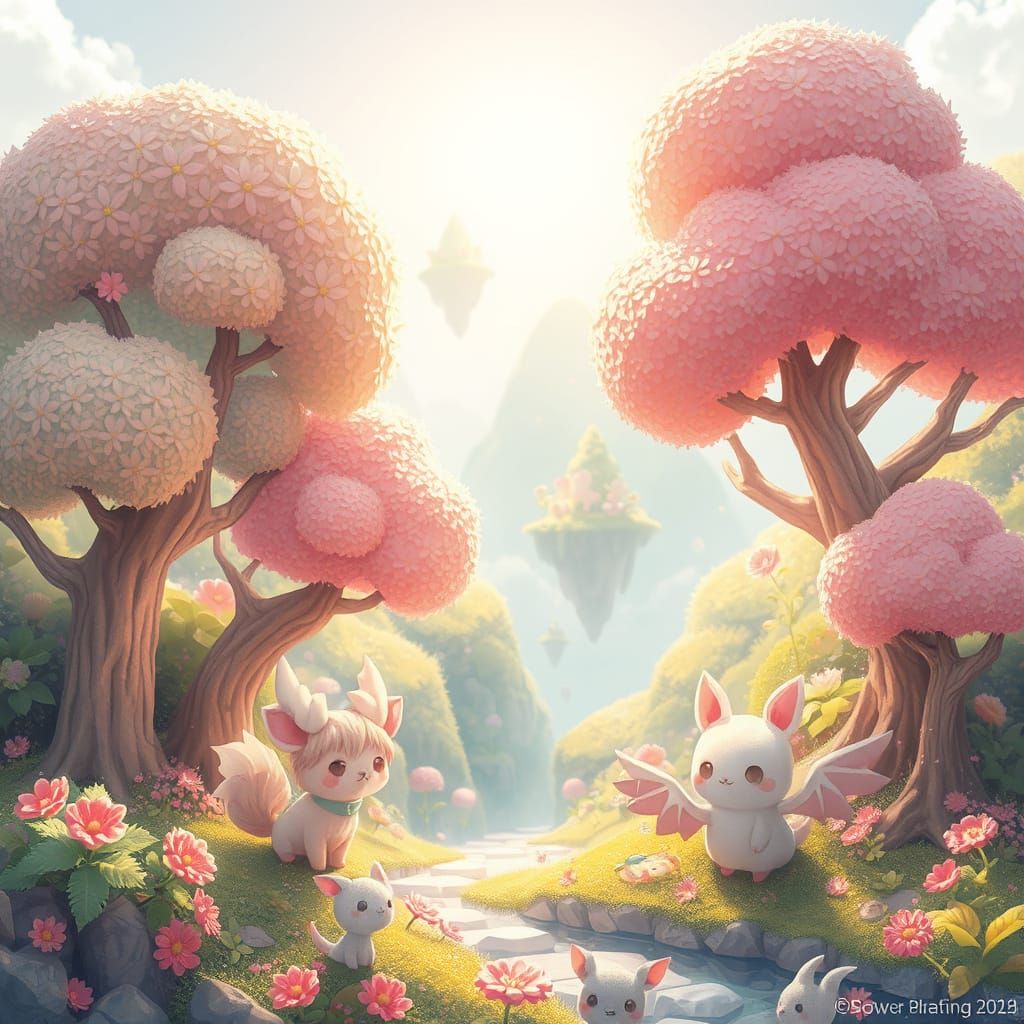 Vibrant Chibi Fantasy Realm with Tiny Creatures and Whimsica...