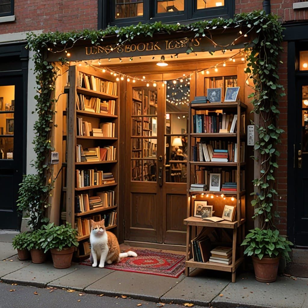 Cozy Bookstore on a Quiet Street in a Whimsical Style