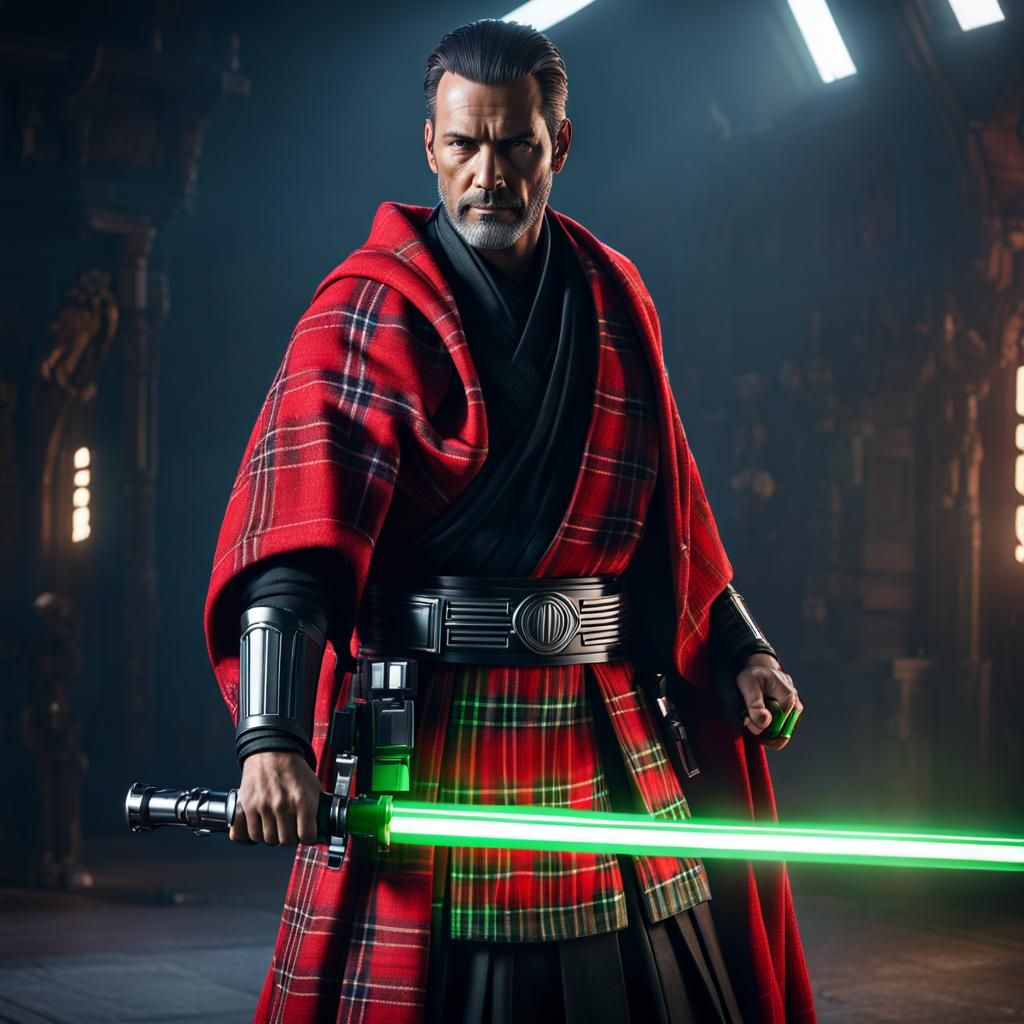 Jedi in Red Plaid with Green Lightsaber