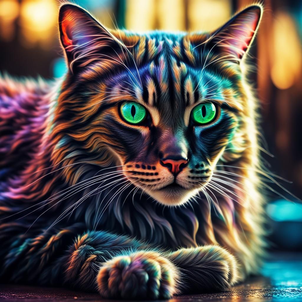 Iridescent Cat in Hyperrealistic Style