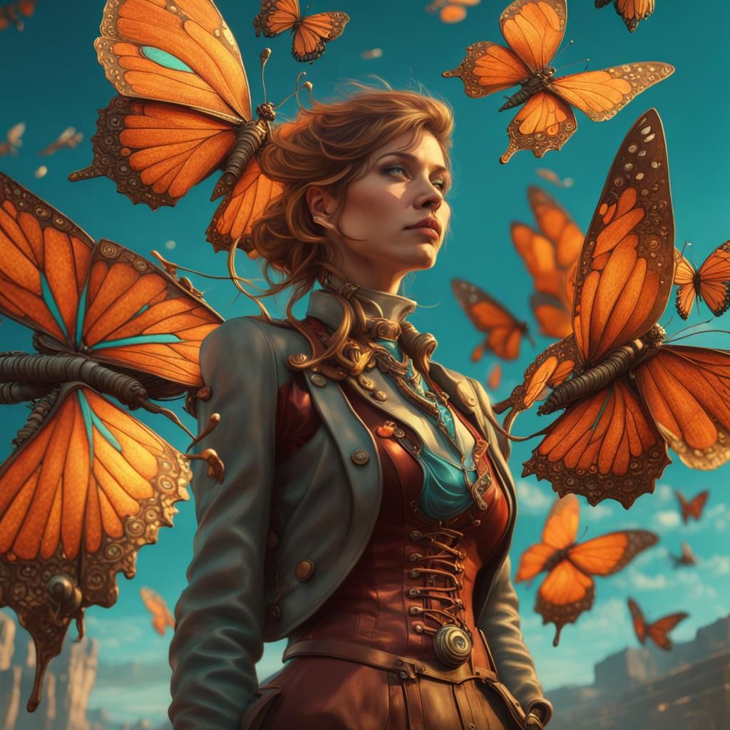 Steampunk Butterflies Around a Woman in 8K