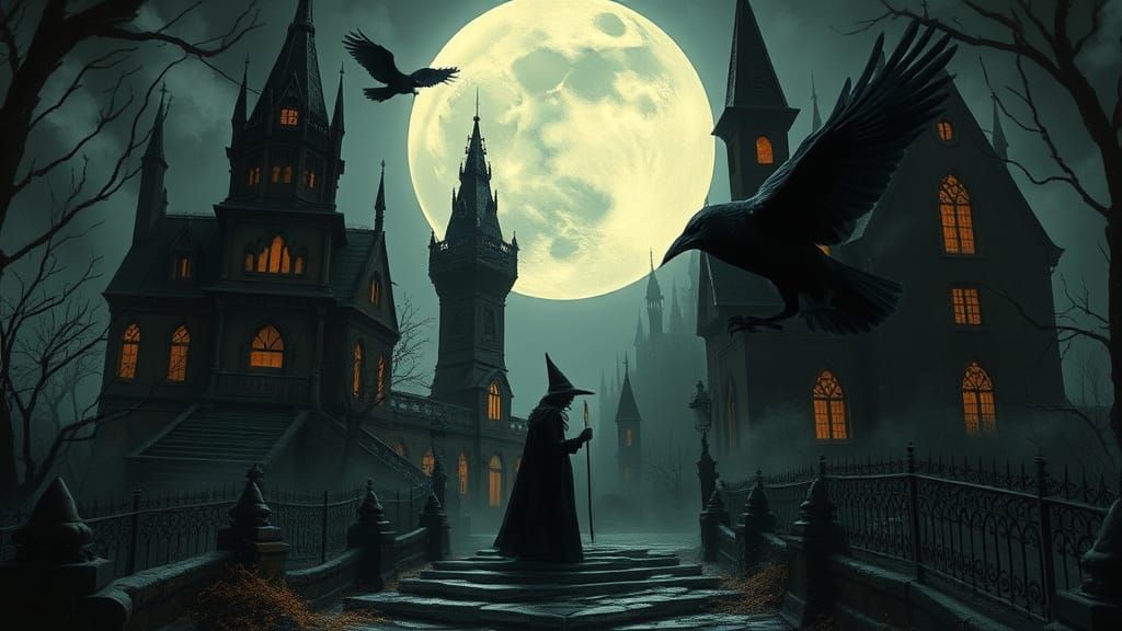 Dark Fantasy Witch and Raven in Gothic Setting
