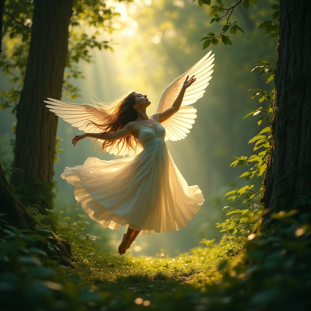 Ethereal Angel's Aerial Dance in Sunlit Forest