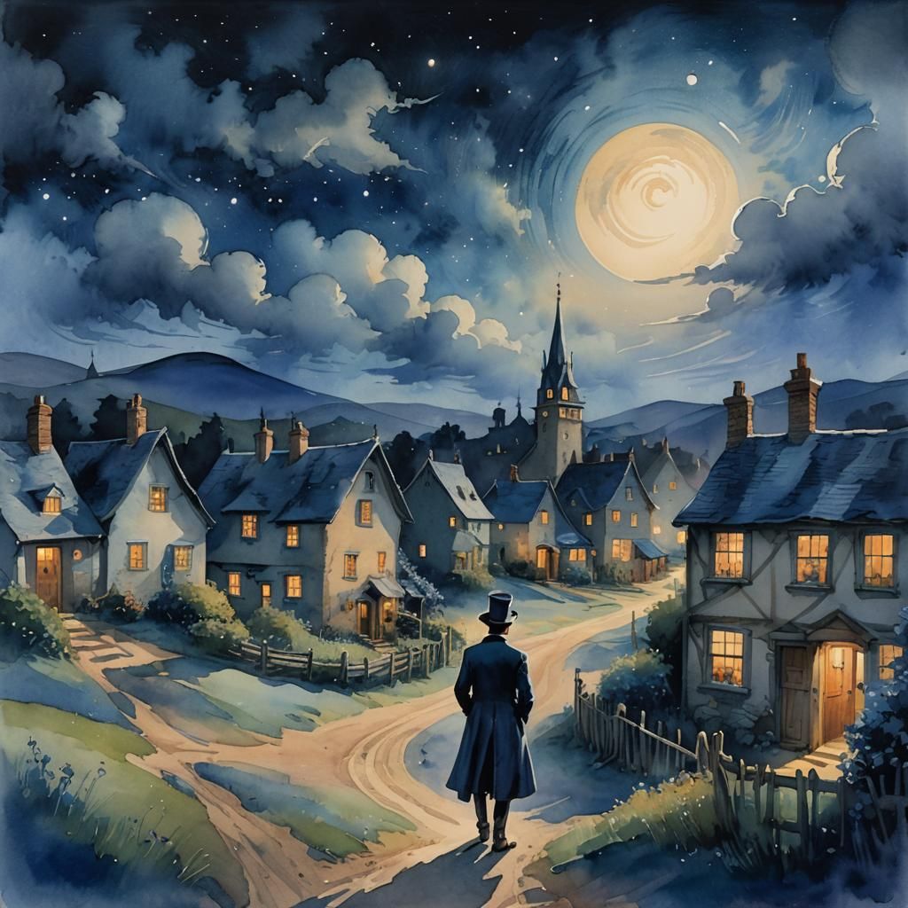 Whimsical Village Under Starry Night Sky, Watercolor Art