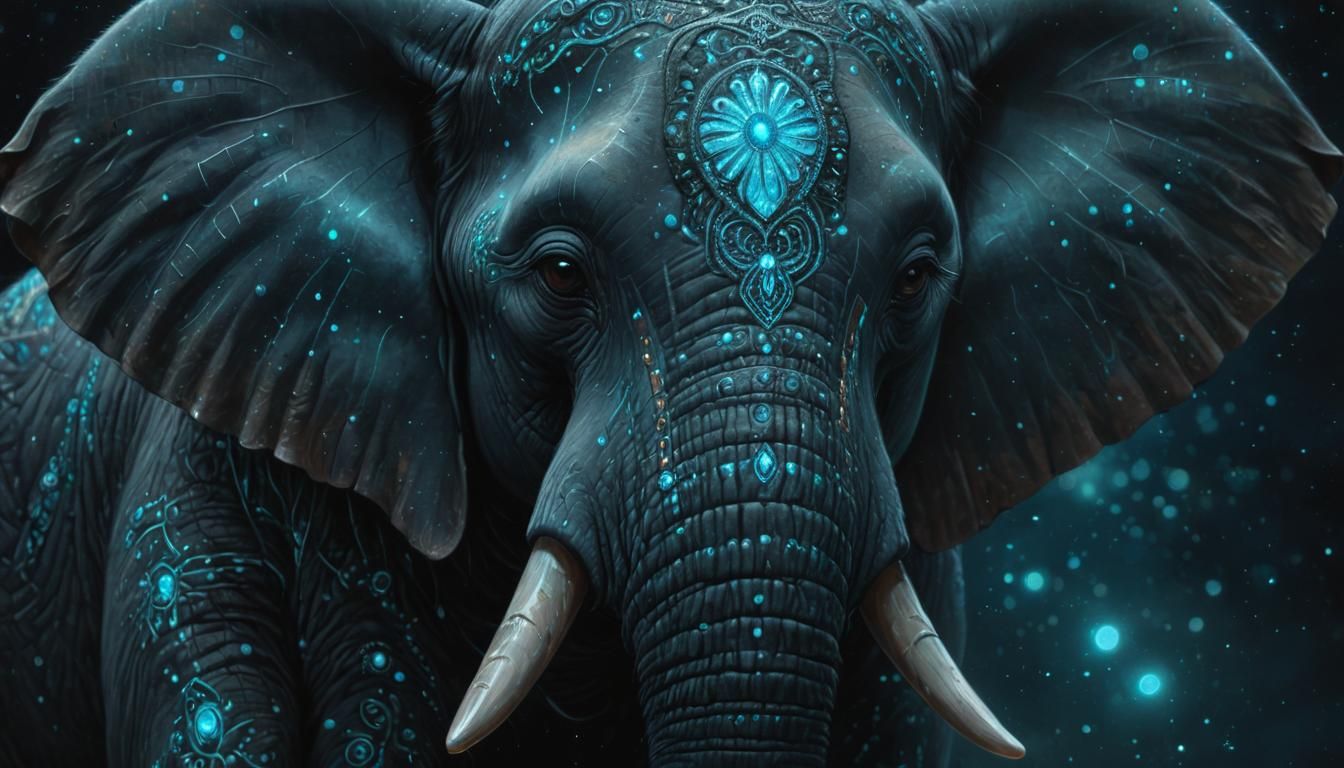Bioluminescent Turquoise Elephant Close-Up in Oil Painting S...