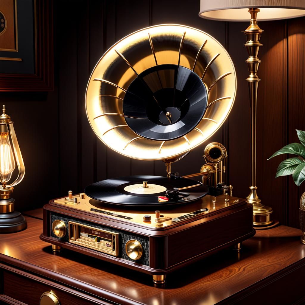Vintage Tuba Record Player in Classic Bedroom