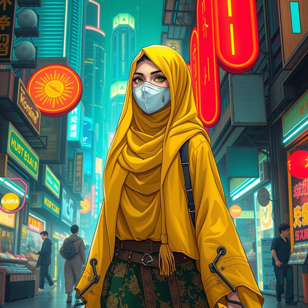 Vibrant Islamic Fashion in a Futuristic Solarpunk Cityscape