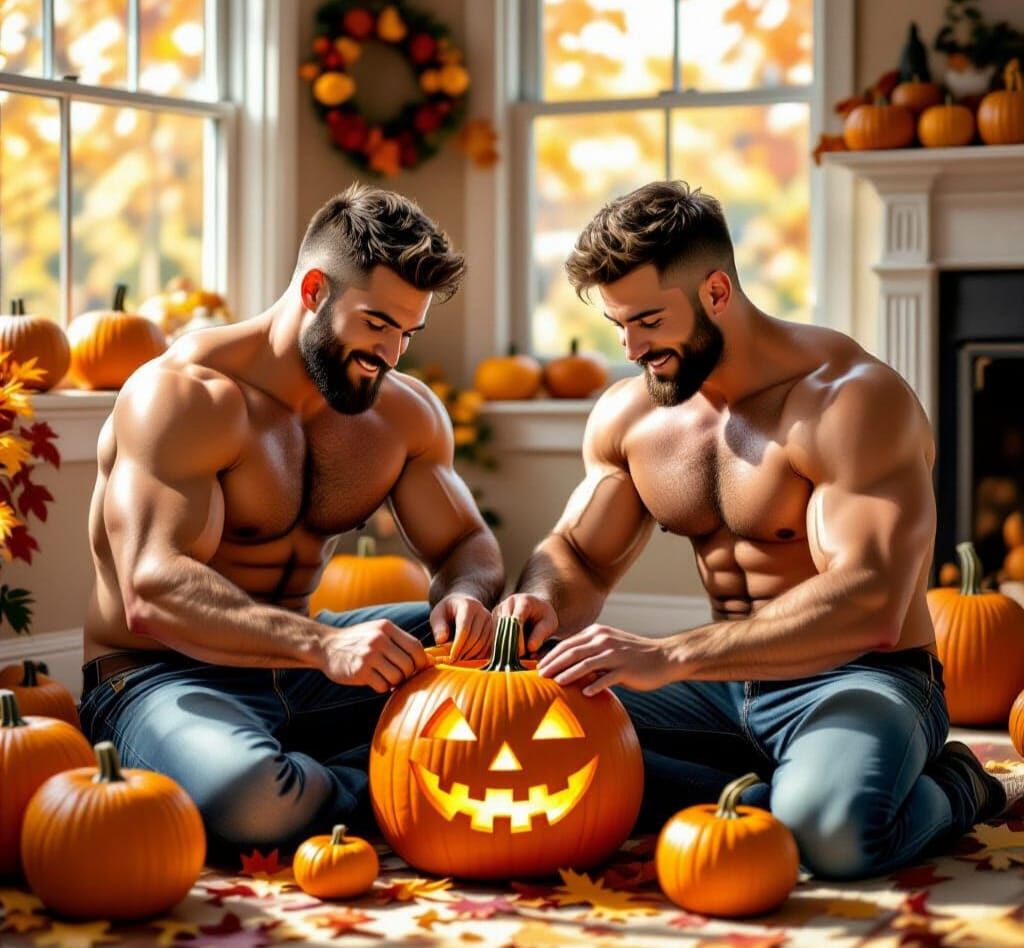 Gay Couple Carving Pumpkins for Halloween in Autumn Light