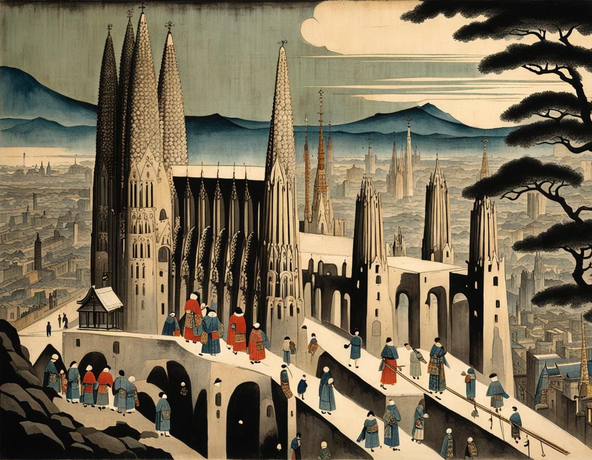 Japanese Shogun and Samurai Surveying La Sagrada Familia