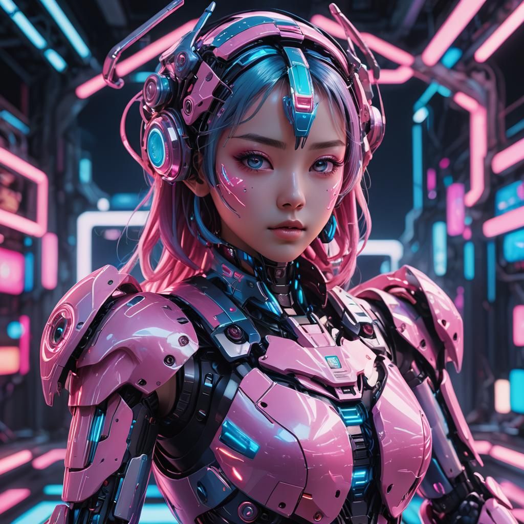 Anime Robot Girl on Futuristic Stage in 3D