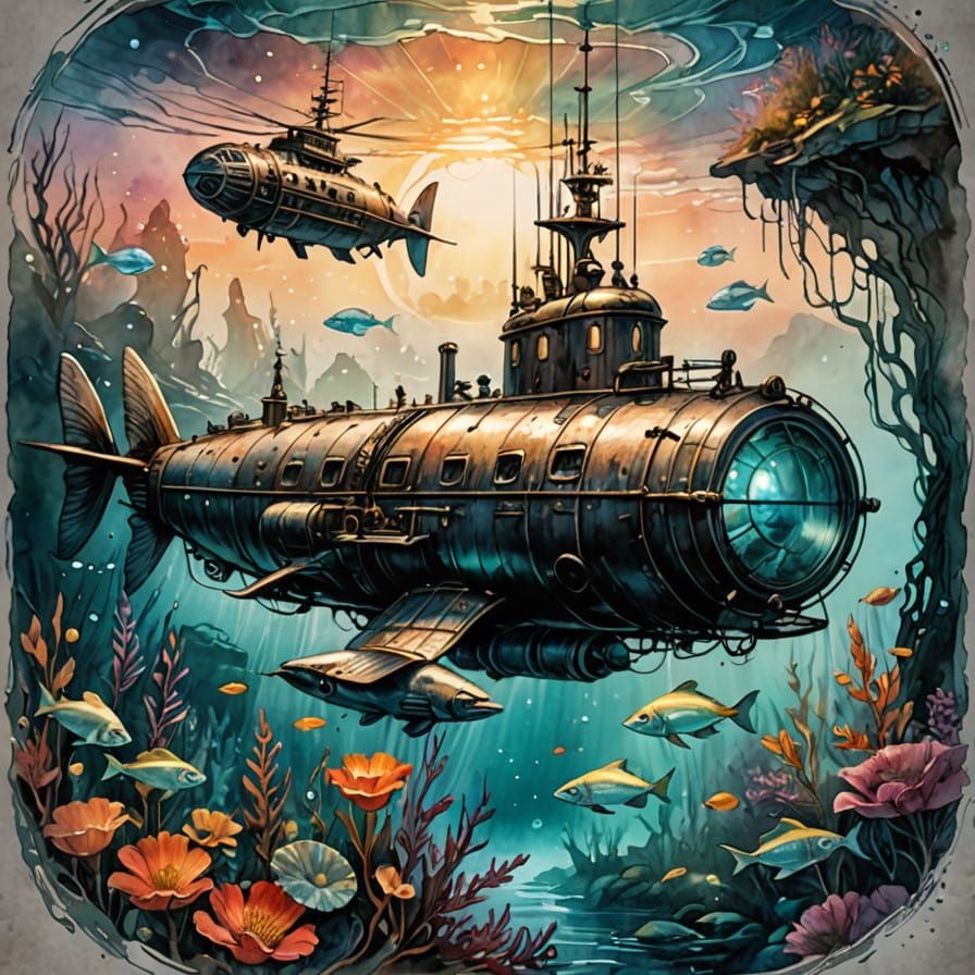 Whimsical Underwater Submarine in Dreamy Sunset Hues