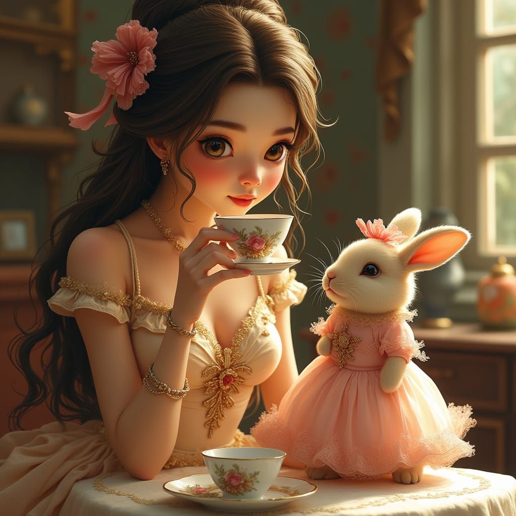 Elegant Woman and Rabbit Tea Party, Illustrative Style