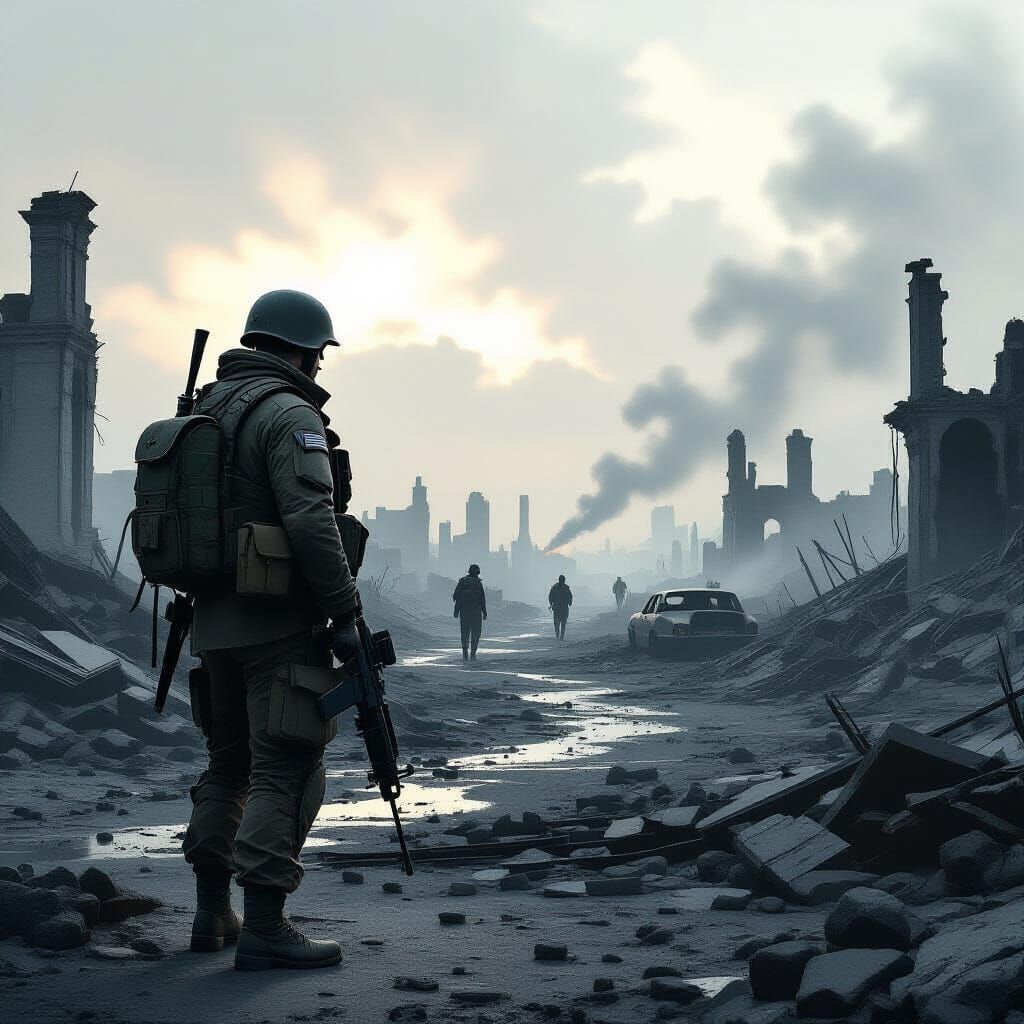 Soldier in War-Torn Landscape with Somber Reflection