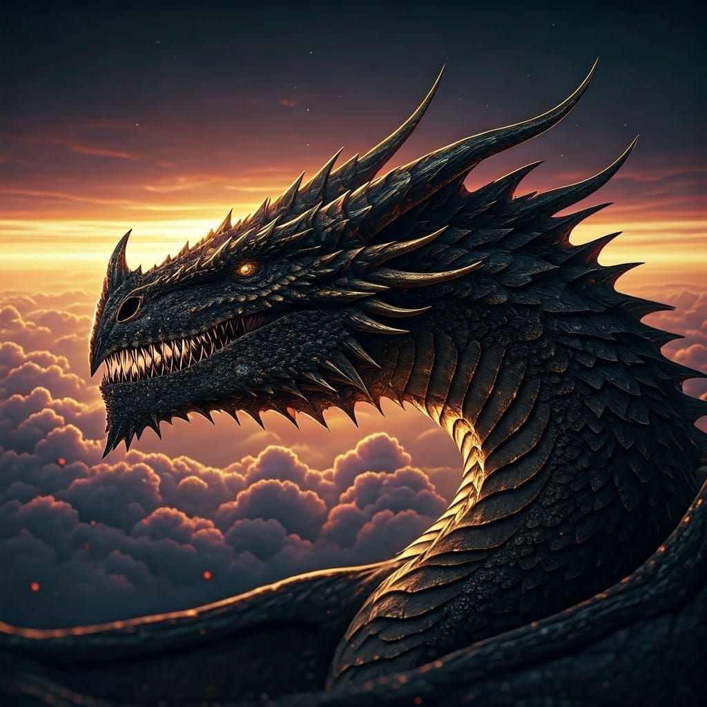Majestic Black and Gold Dragon Soars Through Sunset Skies in...