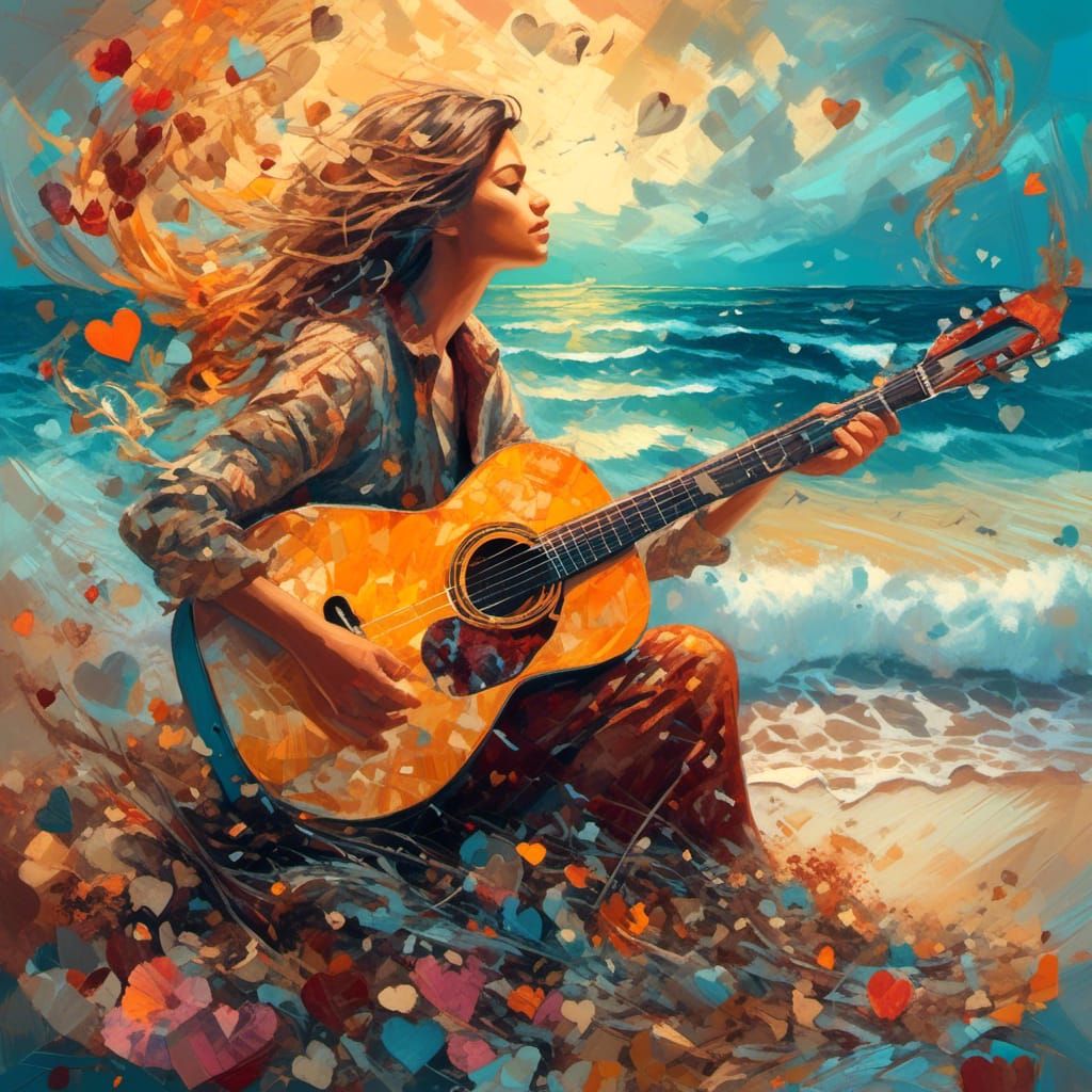 Guitar Singer Double Exposure: Neo-Impressionist Beach Scene