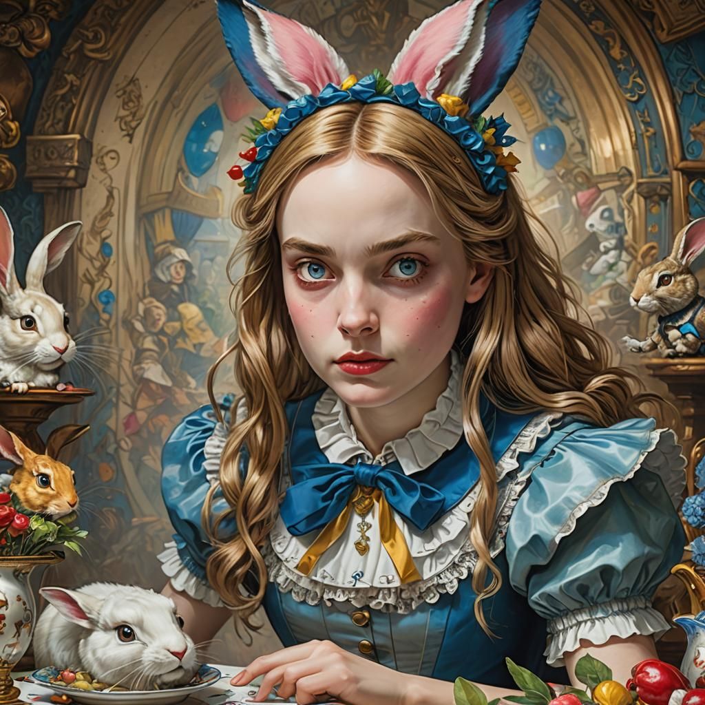 Alice in White Rabbit's House: Hyperrealistic Concept Art