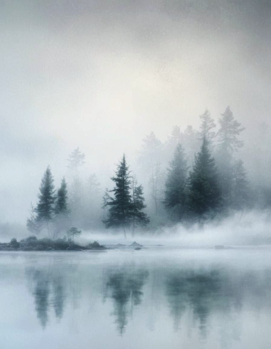 Mystical Misty Landscape with Tree Reflections in 3D