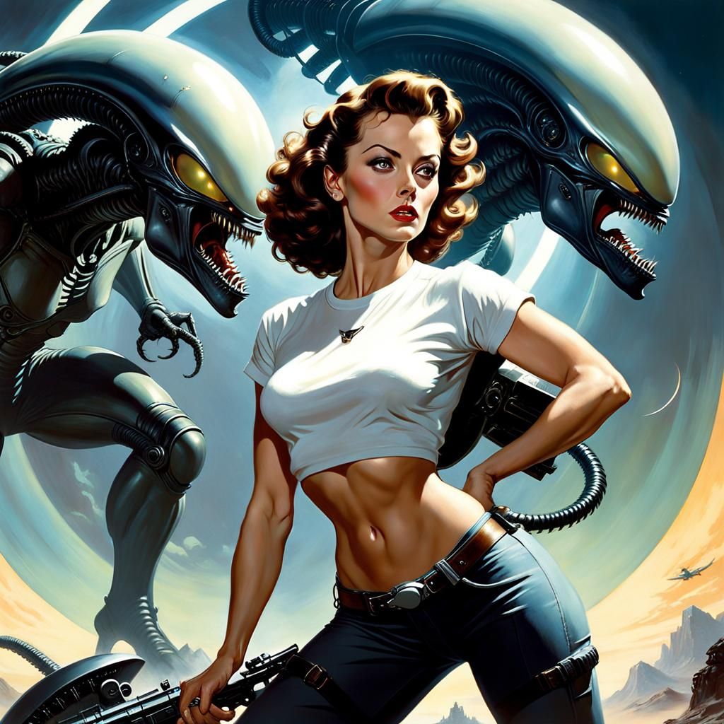 Ripley Confronts the Alien Xenomorph in Vintage Pin-Up Style