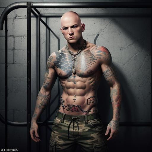 Hyperrealistic Skinhead in Prison Cell Concept Art