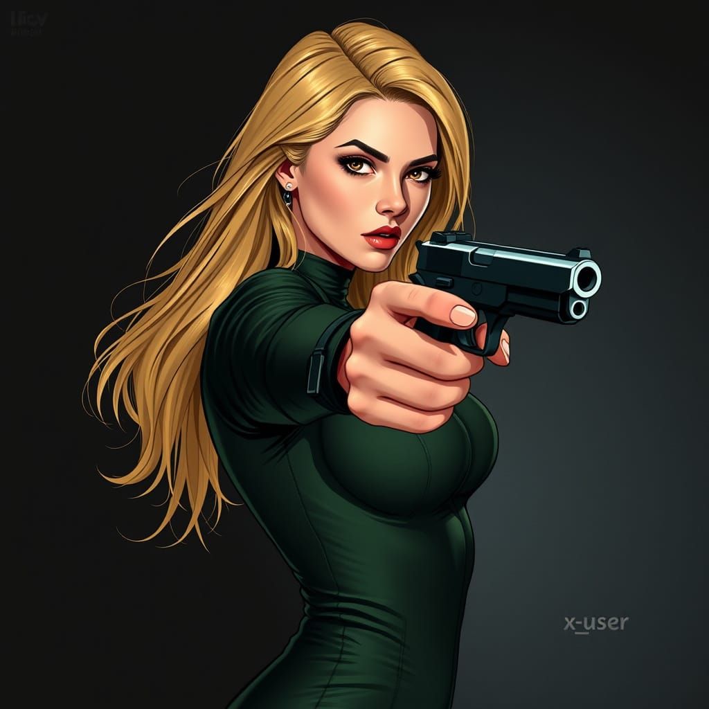 A Young European Woman Points a Gun in a Dark, Dramatic Scen...