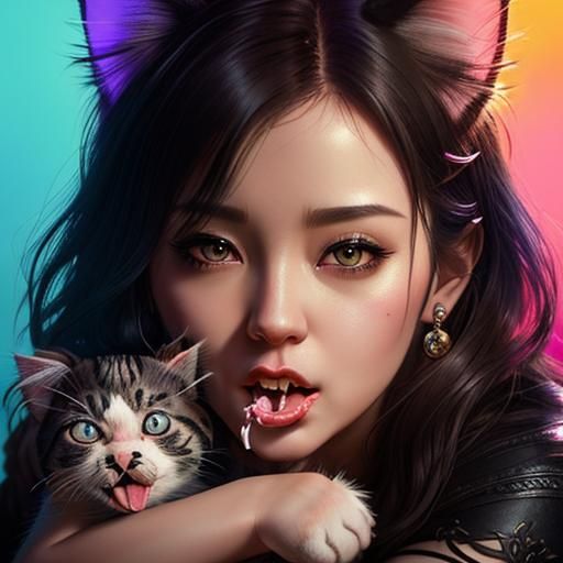 Hyperrealistic Woman Licking Cat: Detailed Splash Art