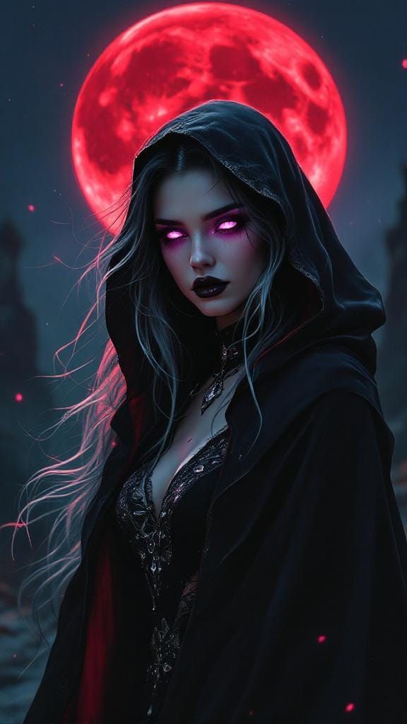Mysterious Dark Enchantress Under Crimson Moon