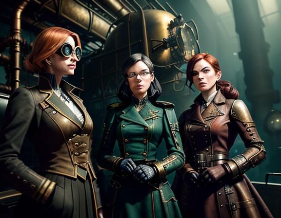 Steampunk Women Inside a Time Machine: Digital Art