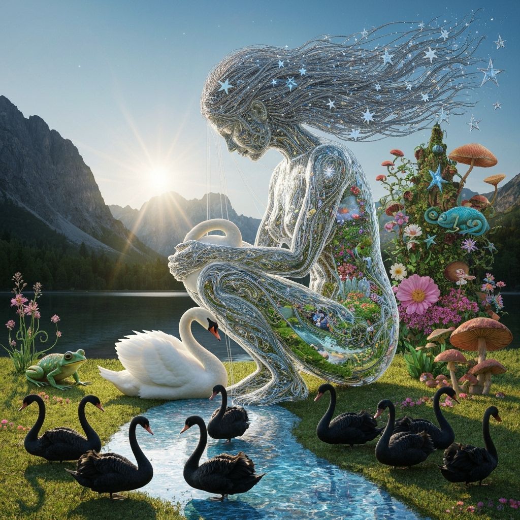 Surreal Fragmented Sculpture of Woman with Stars and Swan