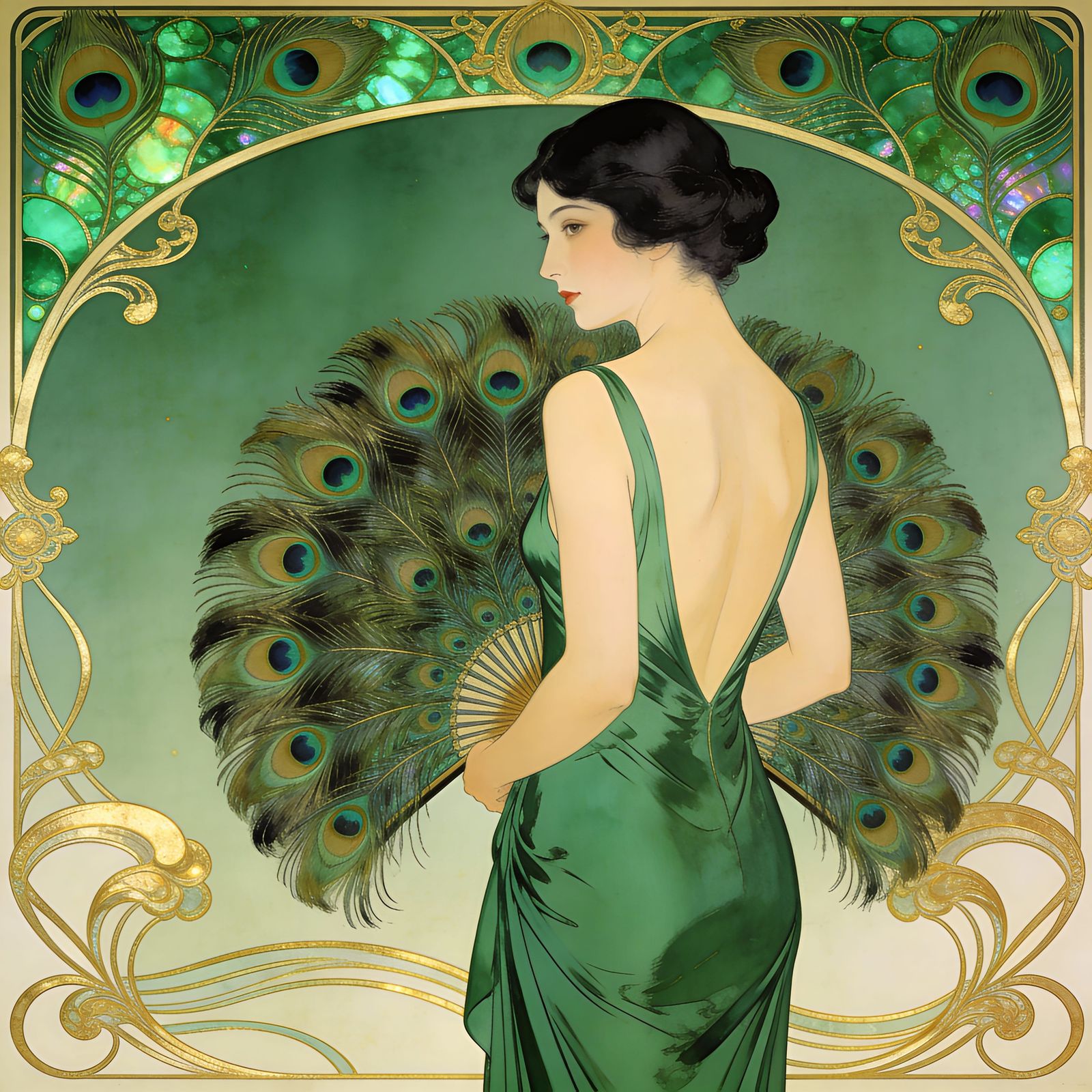 Elegant Woman with Peacock Fan in Art Nouveau Style