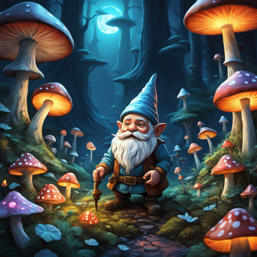 Whimsical Gnome Tends Psychedelic Mushroom Garden