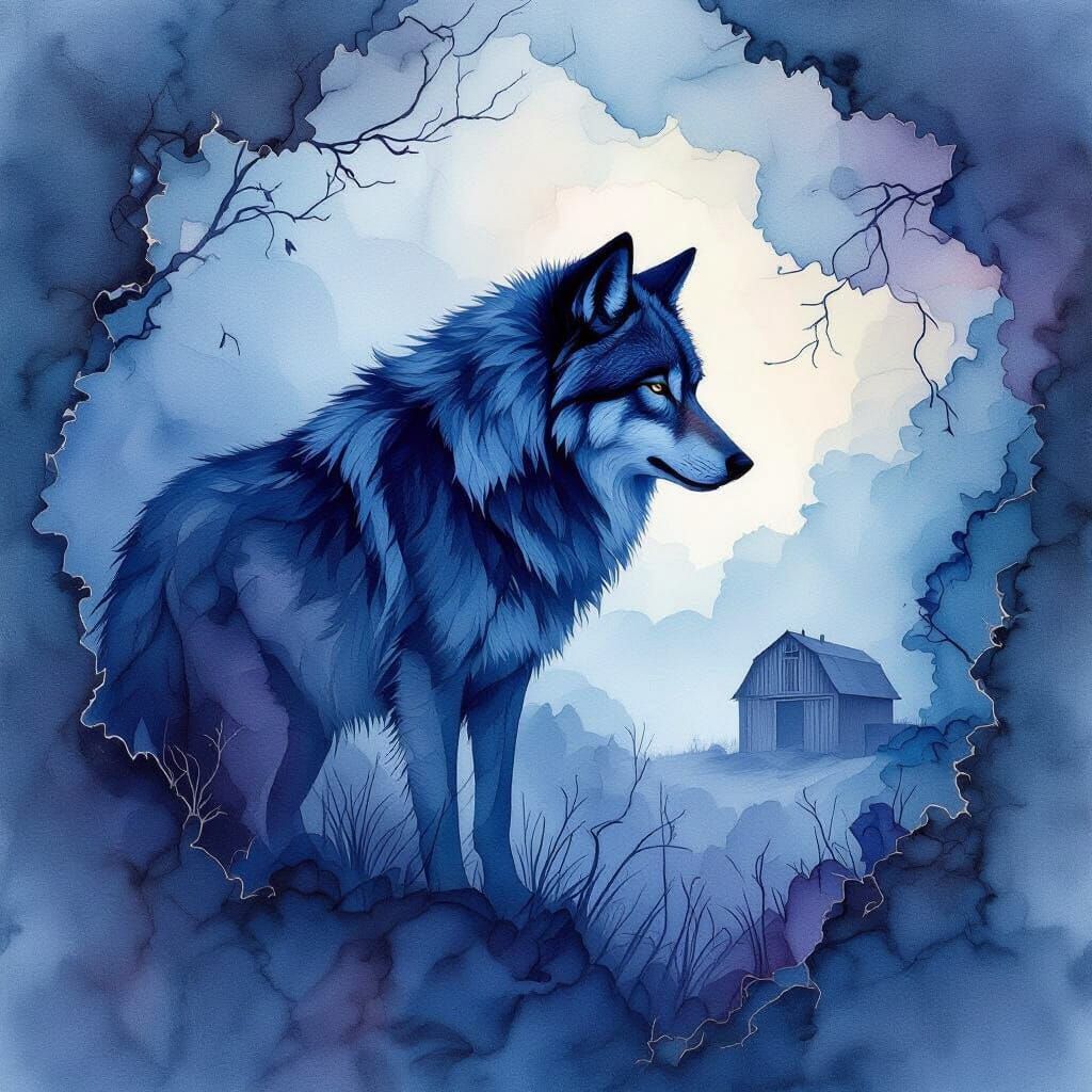 Lone Wolf in Swirling Blues Against Barn Memory