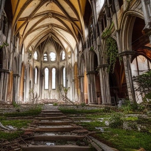 Ruined Cathedral Interior with Rainbow Light