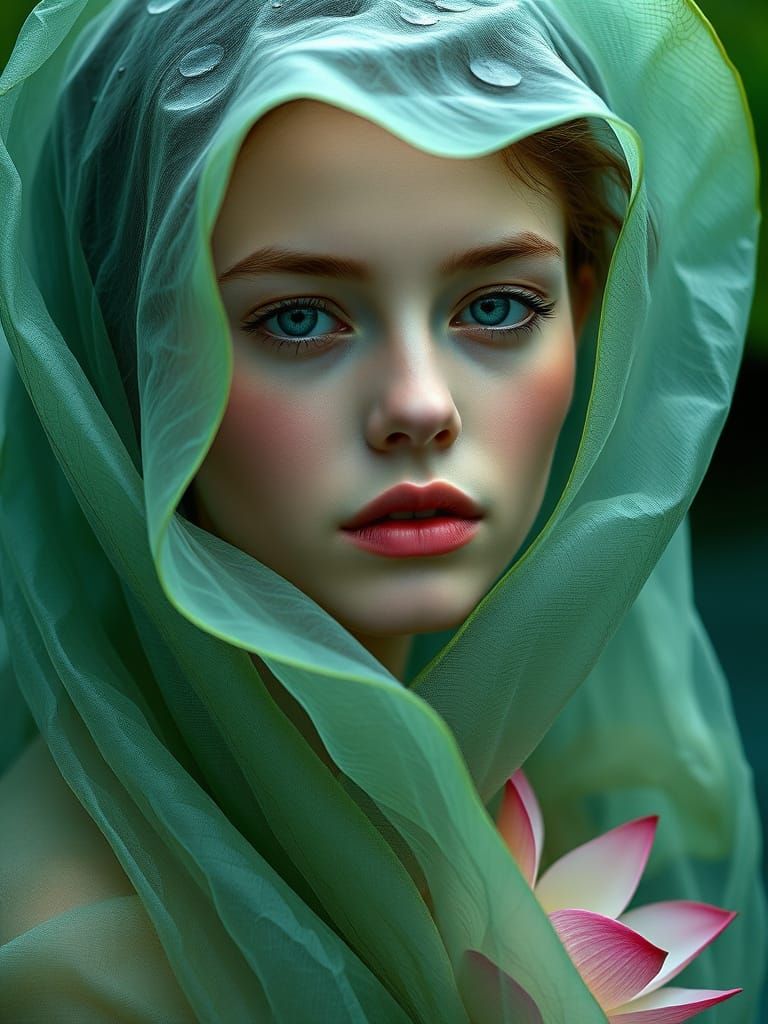 Lotus Leaf Wraps Woman: Soft Light Surreal Portrait