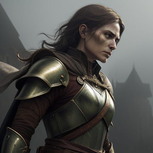 Warrior Woman in Smoldering Battle Landscape