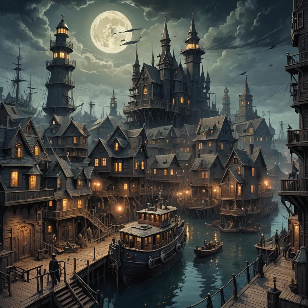 Sinister Gothic Nautical Town with Cosmic Horror Elements