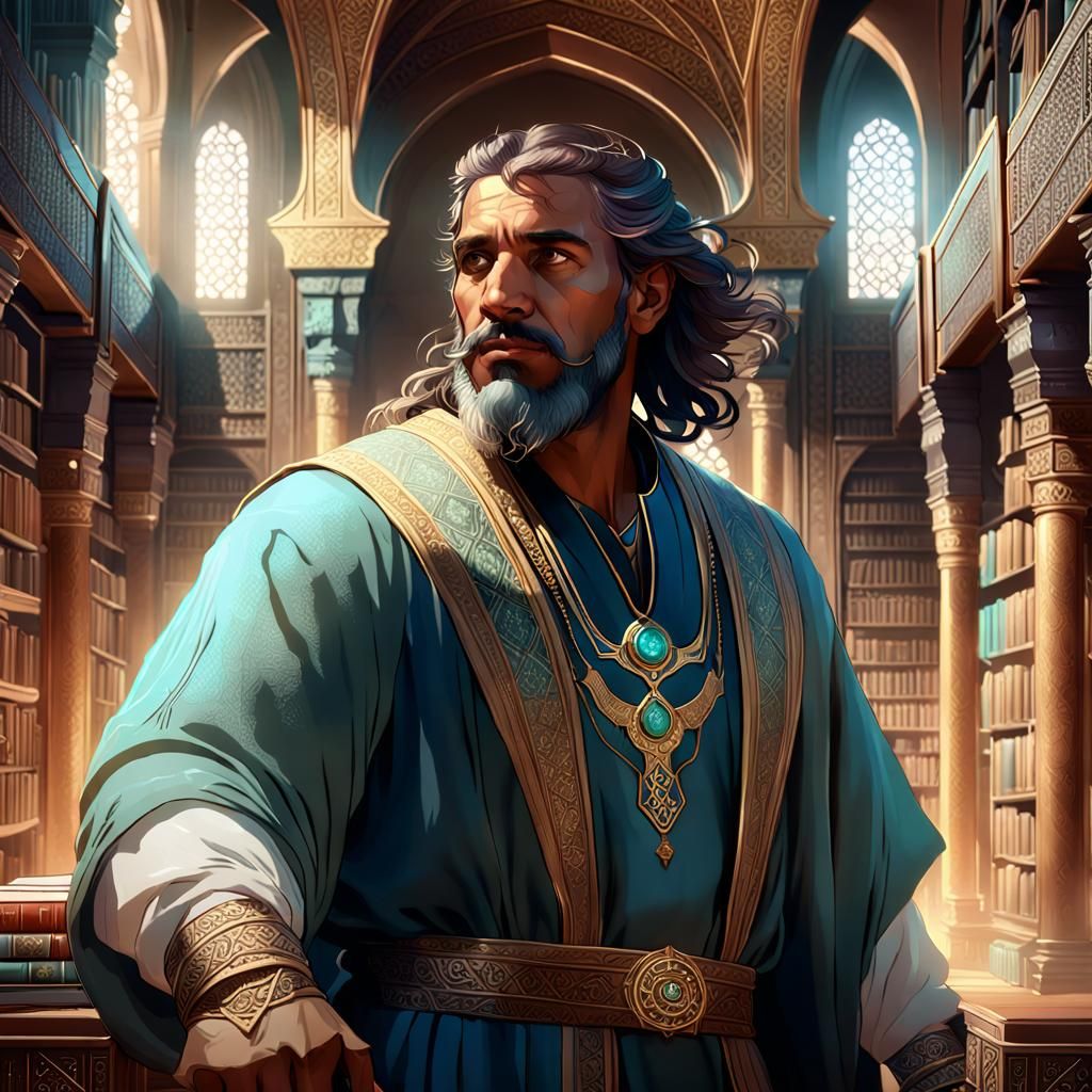 Arabic Man in Magical Library, Hyperdetailed Portrait