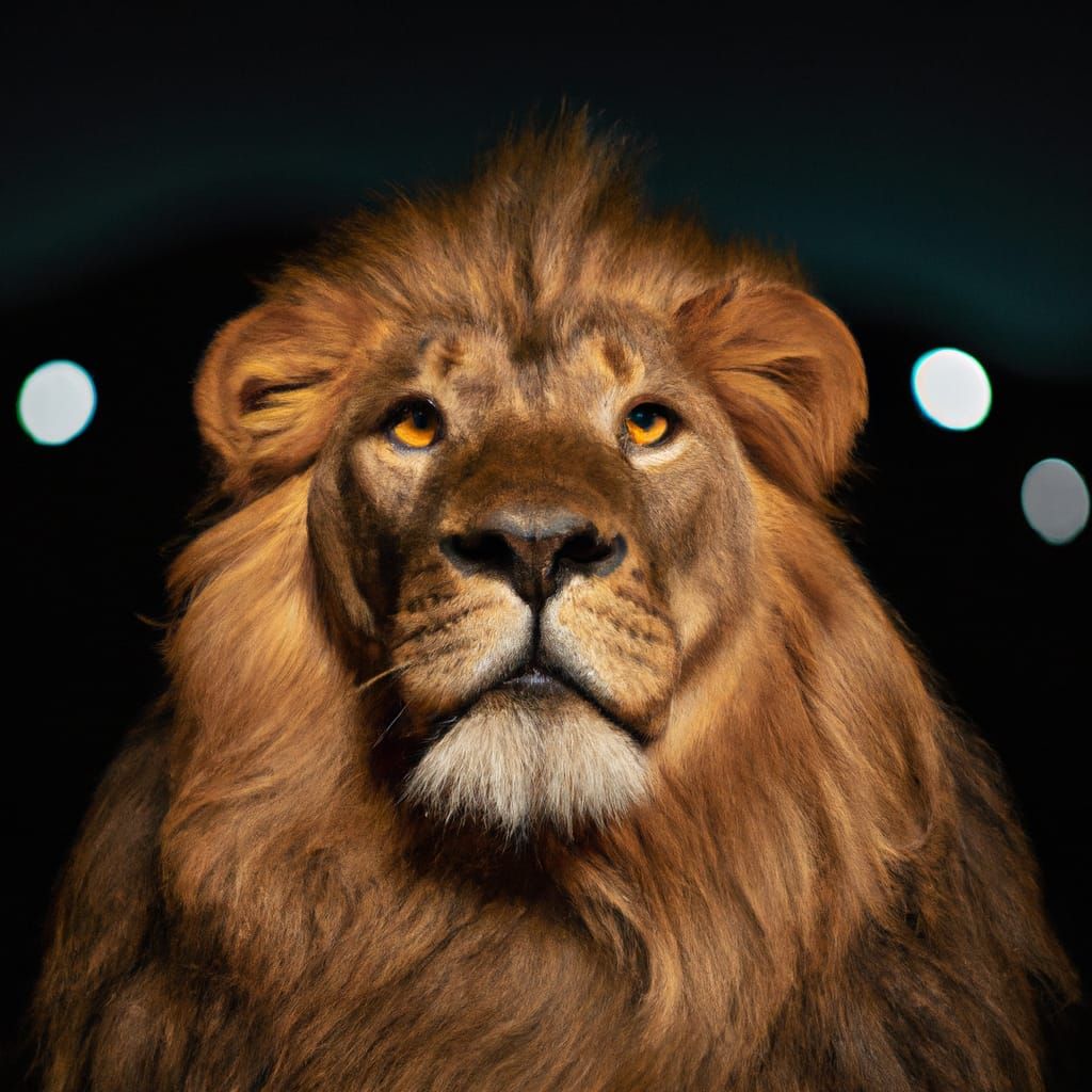 Majestic Lion Portrait with Glowing Mane at Night