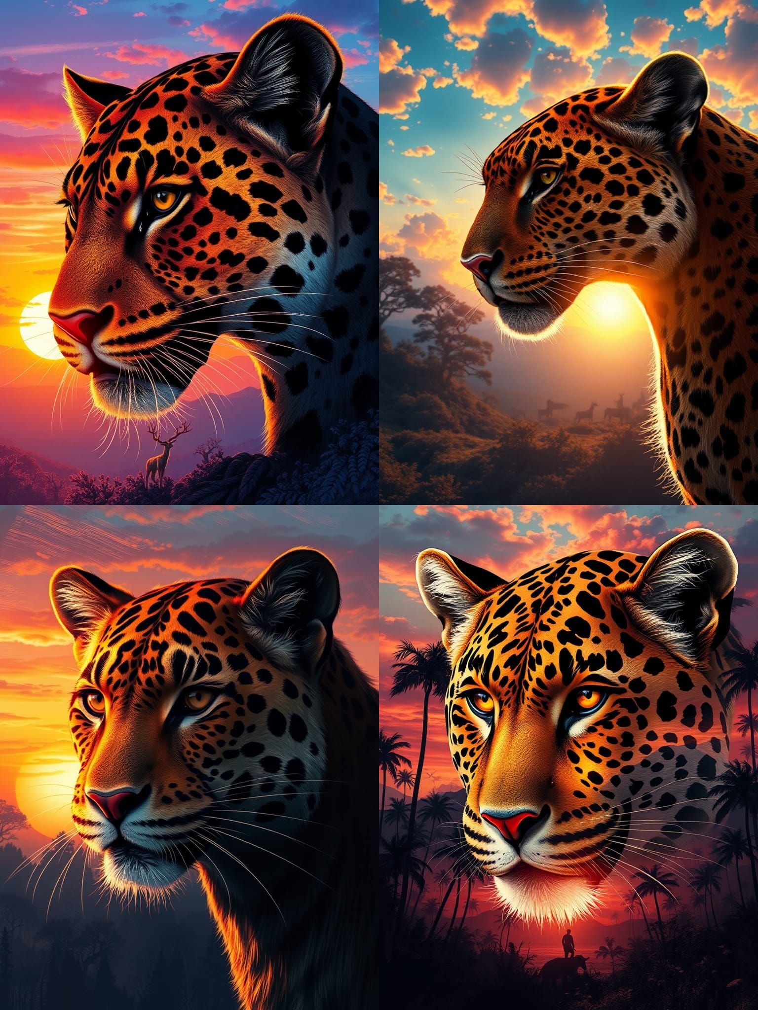 Jaguar Portrait Against Sunset in Dreamlike Landscape