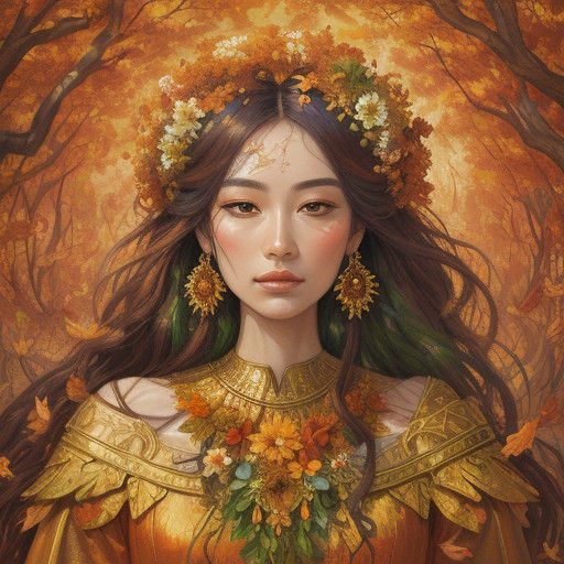 Regal Goddess Amidst Autumn Blooms in Vibrant Oil Painting