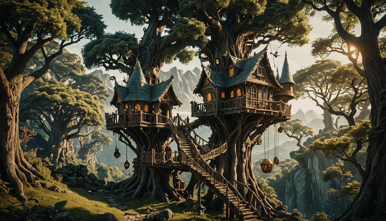 Elven Treehouse in Ancient Forest: Cinematic Film Still