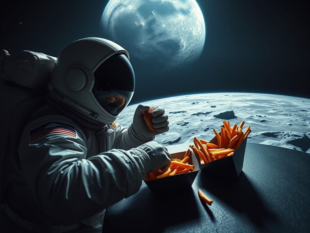 Astronaut Savoring Burger and Fries on the Moon