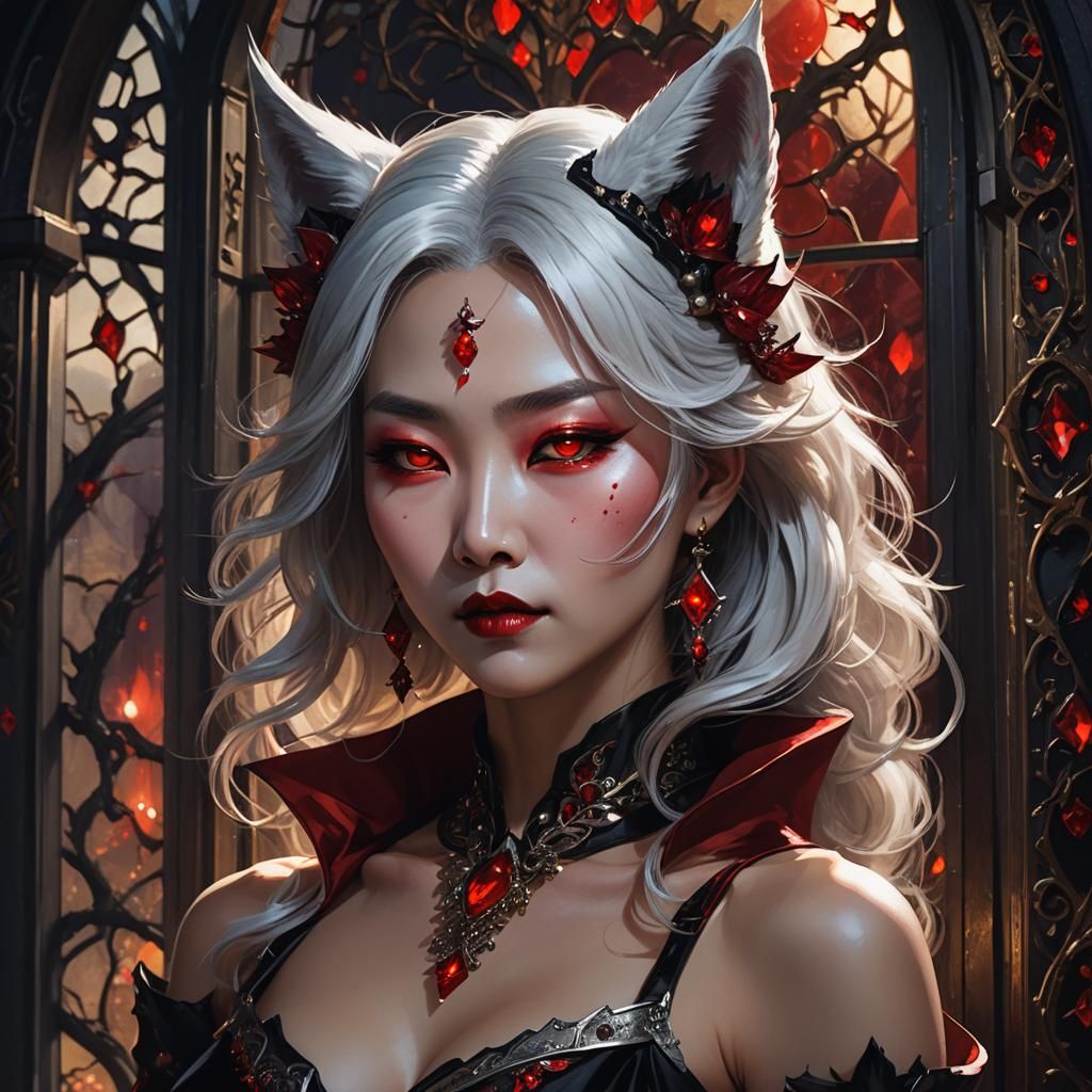 Korean Vampire Queen with Fox Ears: Eerie Fantasy Art