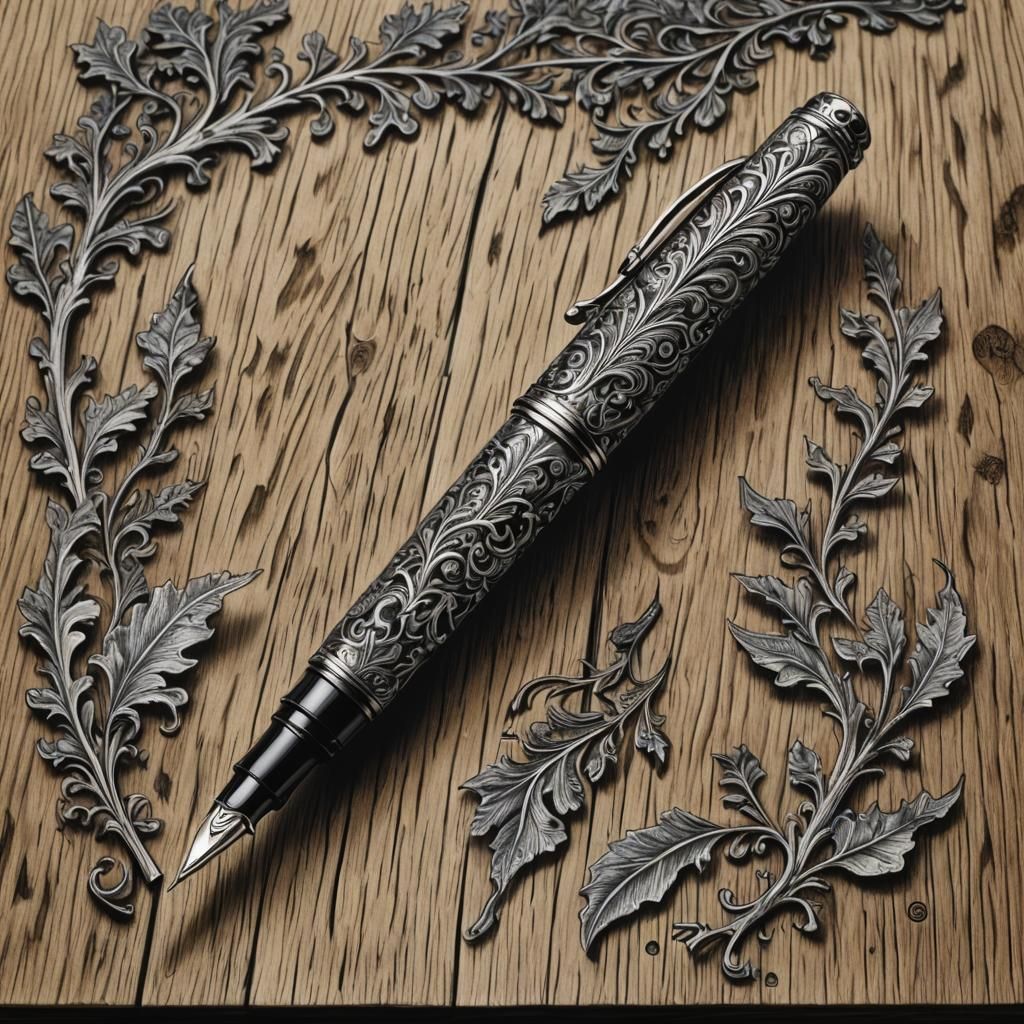 Ornate Fountain Pen: Hyperdetailed Charcoal Drawing