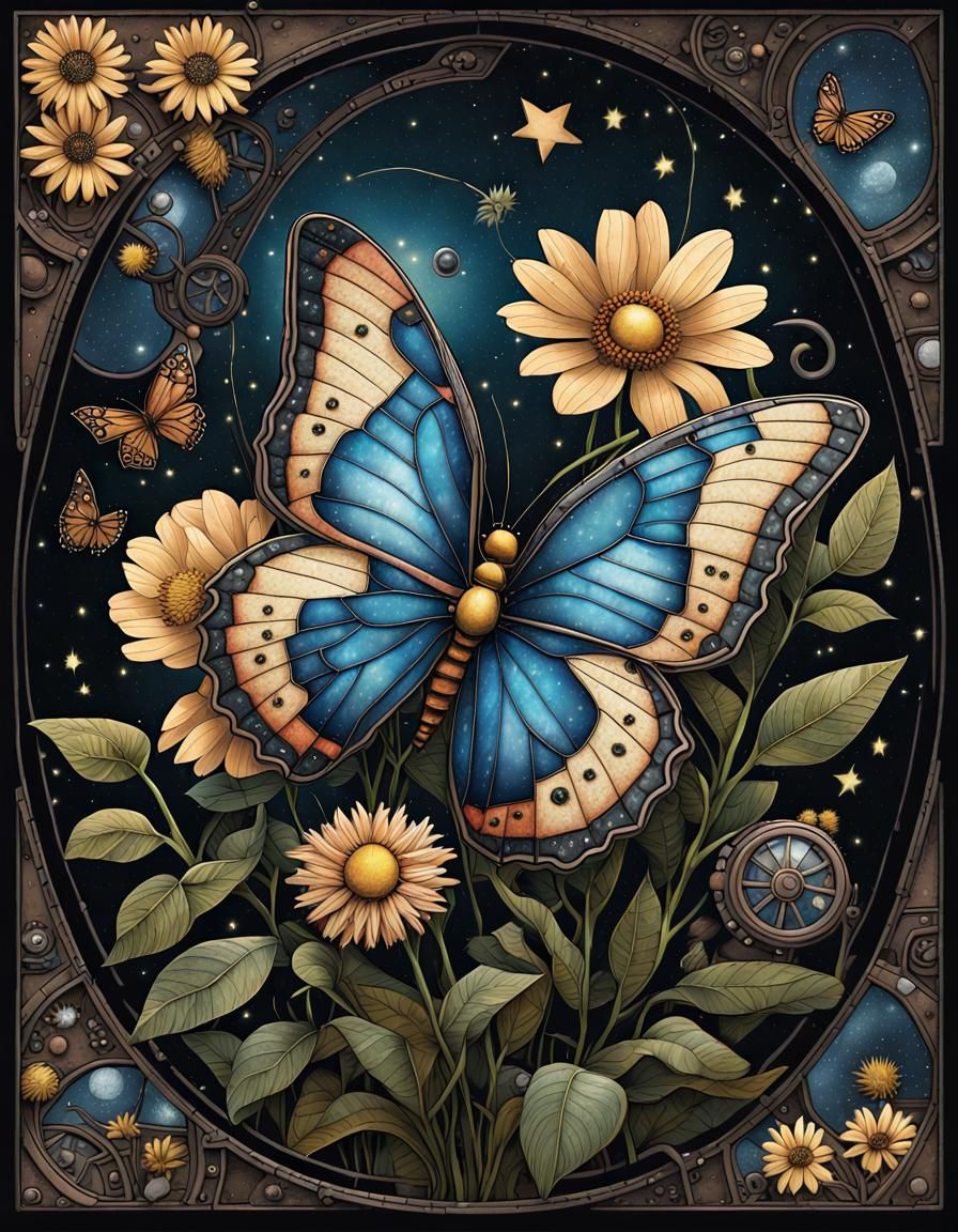 Steampunk Butterflies in Starry Night Fantasy Illustration