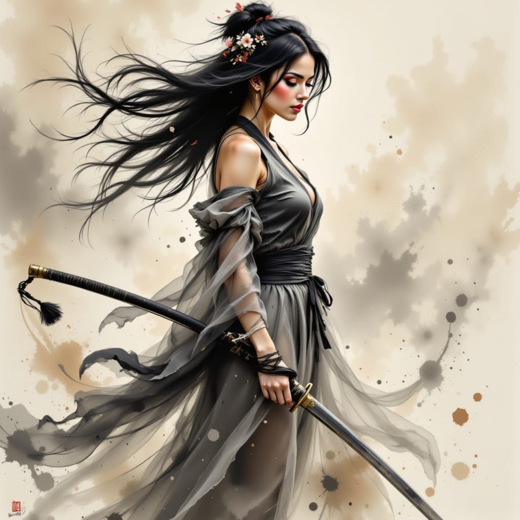 Japanese Girl with Katana in Ink Brush Style